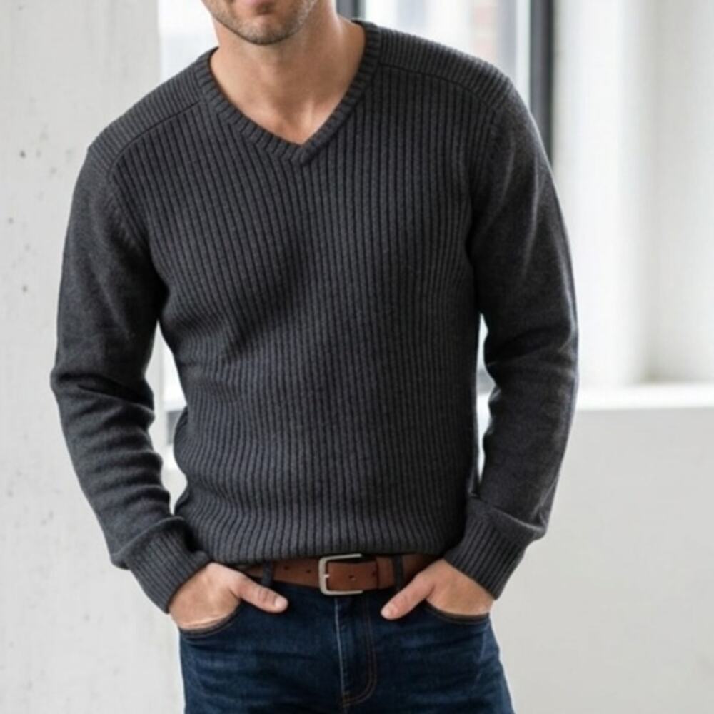 Calvin Klein Jeans Ribbed Cotton Men's V-Neck Sweater XL Gray Minimalist Classic